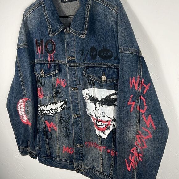 🔥 “RARE” THE JOKER Batman DENIM JEAN JACKET “Trucker Style” - Sz XL - PERFECT - Picture 3 of 11